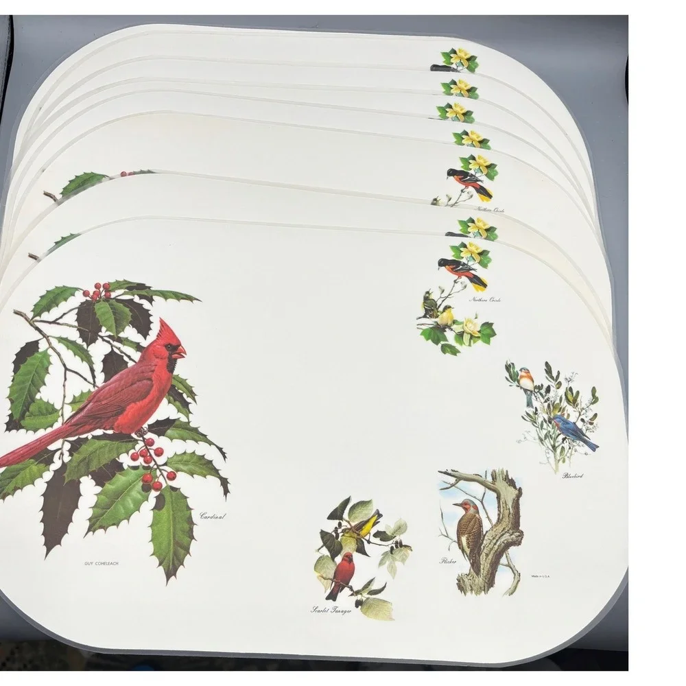 8 Pc Vtg‎ Guy Coheleach Bird Cardinal Holly Placemats Vinyl Oval